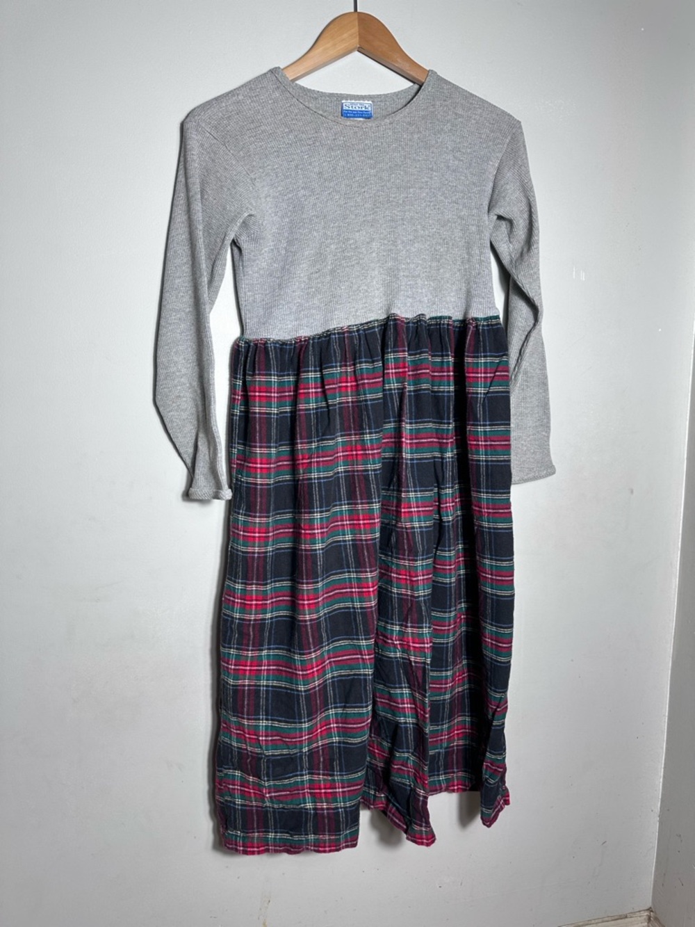 Vintage Dress- Grey Top with Navy & Red Plaid Skirt